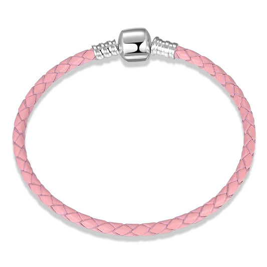 Plain Clasp Pink Braided Genuine Leather Bracelet