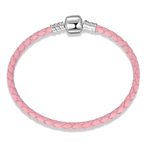 925 Sterling Silver Plain Clasp Pink Braided Genuine Leather Bracelet
