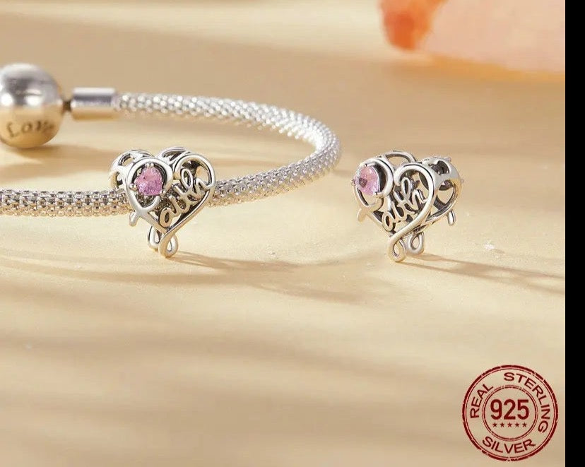 Faith Pink CZ Openwork Heart Bead Charm