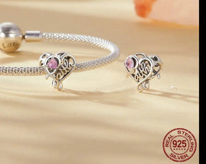 925 Sterling Silver Pink CZ heart FAITH Bead Charm