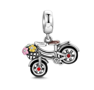 925 Sterling Silver Bicycle with Flower Basket Dangle Charm