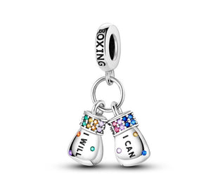 925 Sterling Silver Boxing Gloves "I Will, I Can" Double Dangle Charm