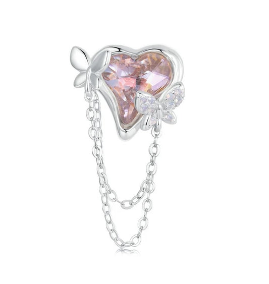 Opal Pink Heart and Butterfly Tassle Bead Charm