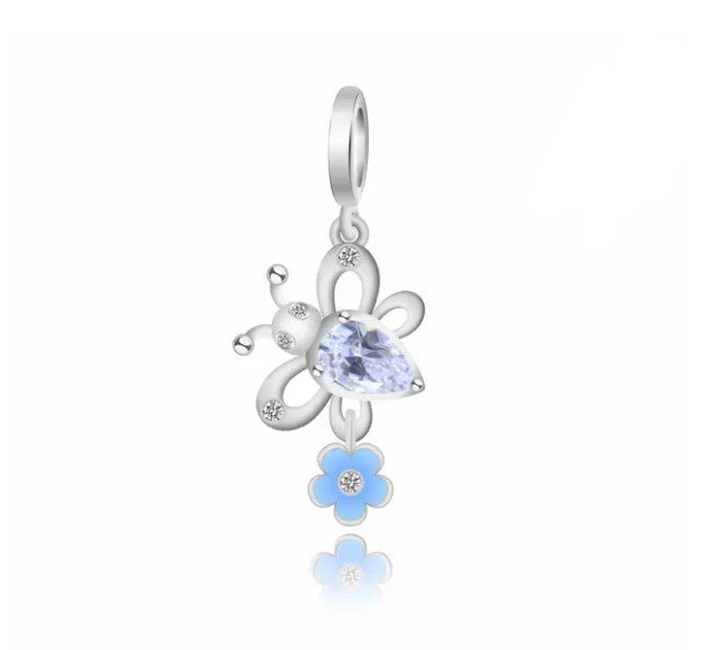 925 Sterling Silver Blue CZ Butterfly and Flower Dangle Charm