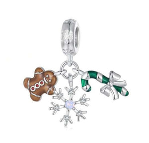 925 Sterling Silver Snowflake, Gingerbread Man and Candy Cane Dangle Charm