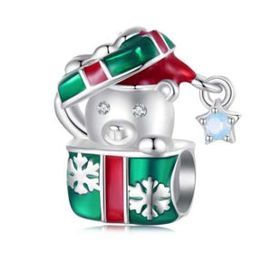925 Sterling Silver Christmas Teddy Bear in Gift Box Enamel Bead Charm