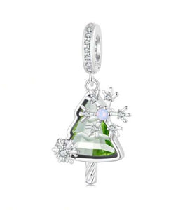 925 Sterling Silver Elegant Christmas Tree and Snowflakes Dangle Charm