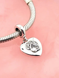 925 Sterling Silver Dog or Cat Paw Memorial "Forever in my Heart'' Dangle Charm