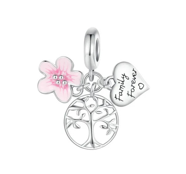 Family Forever Heart, Flower and Family Tree Tripple Dangle Charm