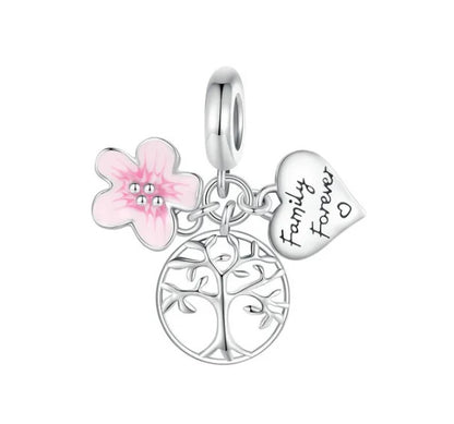 Family Forever Heart, Flower and Family Tree Tripple Dangle Charm