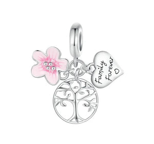 925 Sterling Silver Family Forever Heart, Flower and Family Tree Tripple Dangle Charm