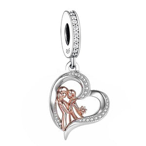 925 Sterling Silver Two Tone Mom And Daughter Heart Dangle Charm