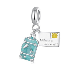 925 Sterling Silver Have a Nice Trip Suitcase and Postcard Dangle Charm