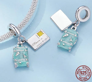 925 Sterling Silver Have a Nice Trip Suitcase and Postcard Dangle Charm