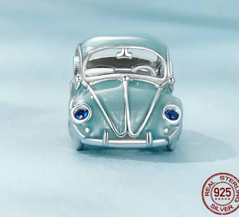 Vintage Blue "Folla" Beetle Car Bead Charm
