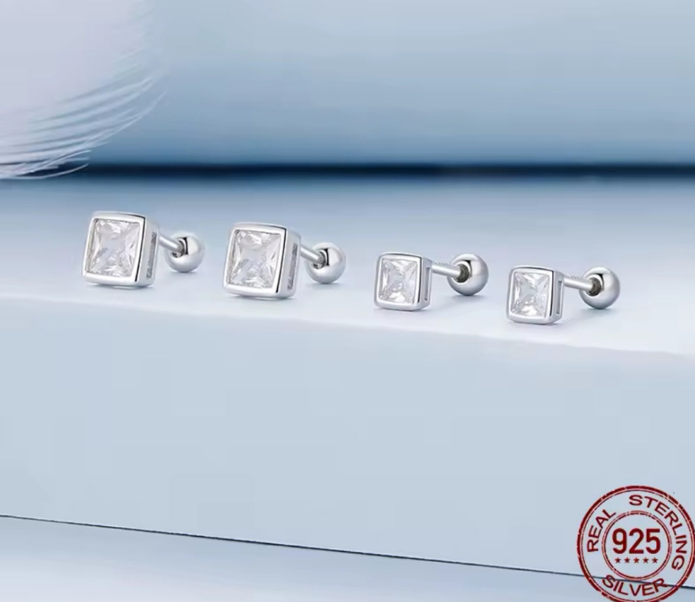 Square CZ Screw On Earrings