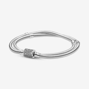 925 Sterling Silver CZ Barrel Clasp Double Wrap Snake Bracelet