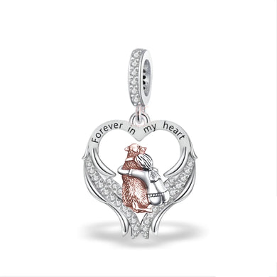 925 Sterling Silver Cz Angel Wings “ Forever in my heart” Dog and Girl  Dangle Charm