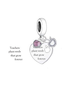 925 Sterling Silver “Teachers plant seeds that grow forever” Pink CZ Apple Heart Dangle Charm