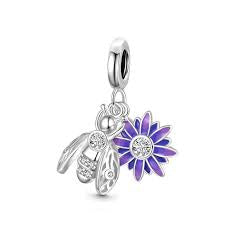 925 Sterling Silver Bumble Bee And Purple Daisy Flower Dangle Charm