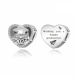 925 Sterling Silver Graduation Class of Graduate 2024 Heart Bead Charm