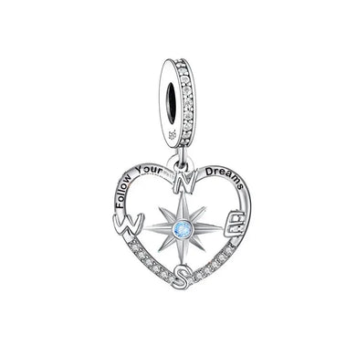 925 Sterling Silver CZ Compass Heart “Follow Your Dreams” Dangle Charm