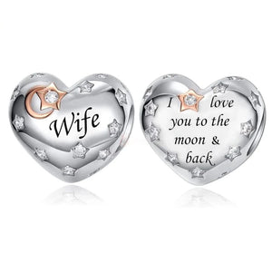 925 Sterling Silver Wife “I Love You to the Moon & Back” Heart Bead Charm