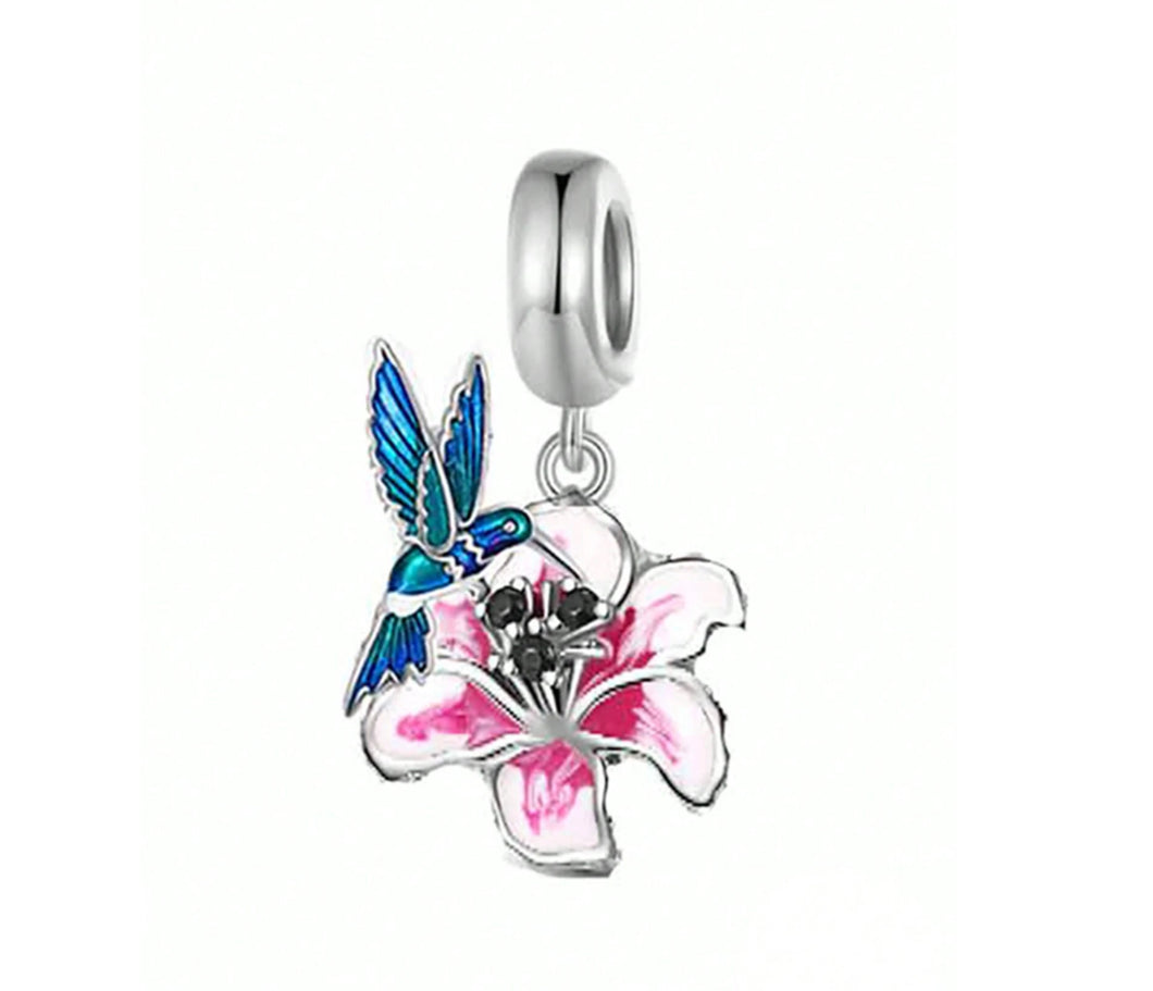 925 Sterling Silver Enamel Flower and Bird Dangle Charm