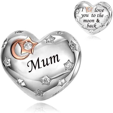 925 Sterling Silver Mum “I Love You to the Moon & Back” Heart Bead Charm
