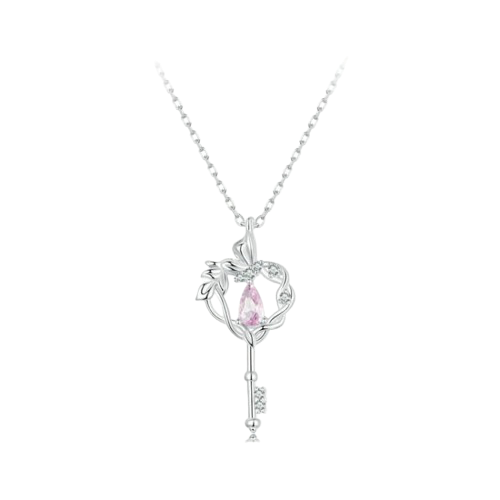 Pink CZ Butterfly Vine Love Key Necklace