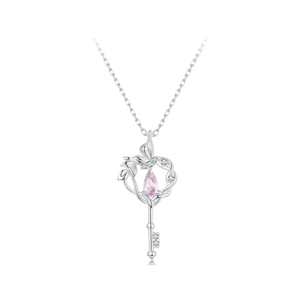 925 Sterling Silver Pink CZ Butterfly Vine Love Key Necklace