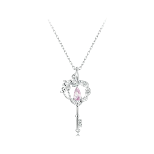925 Sterling Silver Pink CZ Butterfly Vine Love Key Necklace