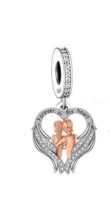 925 Sterling Silver Two Tone Mom / Grandmom "Forever in my Heart" Angel Wings Dangle Charm