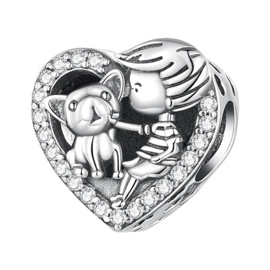 925 Sterling Silver Cz Boy and Dog “Thank You for Being with Me” Heart Bead Charm
