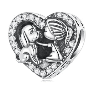 925 Sterling Silver Cz Girl and Dog Heart Bead Charm