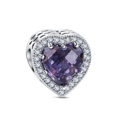 925 Sterling Silver Purple CZ Glass Heart Bead Charm