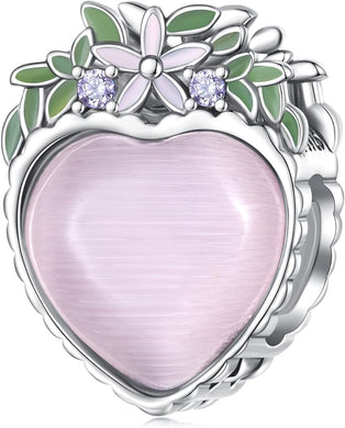 925 Sterling Silver Pink Murano Flower Heart Bead Charm