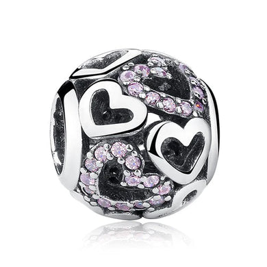 925 Sterling Silver Pink CZ Openwork Heart Bead Charm