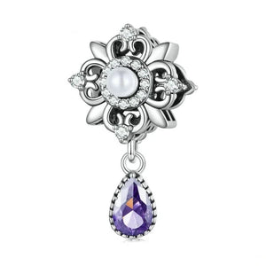 925 Sterling Silver Bohemian Pearl Flower & Purple CZ Bead Charm