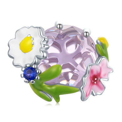 925 Sterling Silver Purple CZ Flower Bead Charm