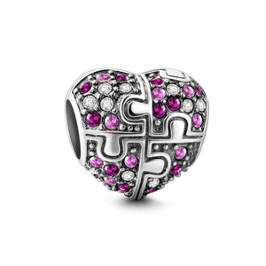 925 Sterling Silver Pink CZ Puzzle Heart Bead Charm