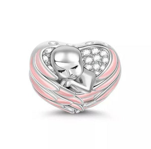 925 Sterling Silver Baby Girl Wrapped Angel Wings Light Pink Bead Charm