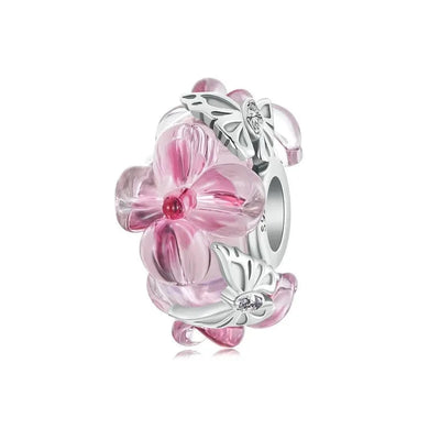 925 Sterling Silver Pink Butterfly & Daisy Flower Murano Bead Charm