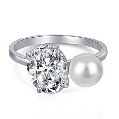 925 Sterling Silver Clear CZ Oval & Pearl  Ring