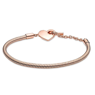 925 Sterling Silver Rose Gold Plated Heart T-Bar Snake Chain Bracelet