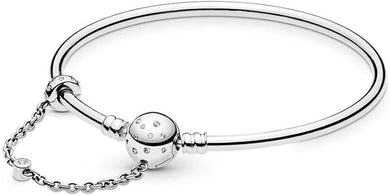 925 Sterling Silver Clear Cz And Chain With Clip Detail Solid Bangle