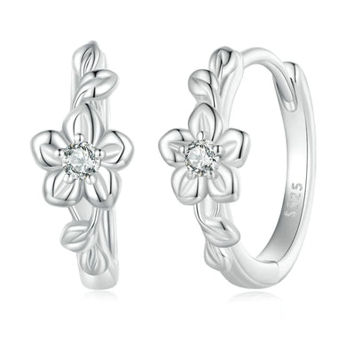 925 Sterling Silver Small Flower Vine CZ  Hoop Earrings