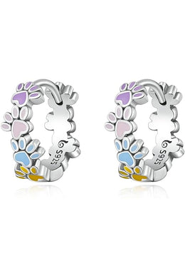 925 Sterling Silver Color Paw Print Hoop Earrings