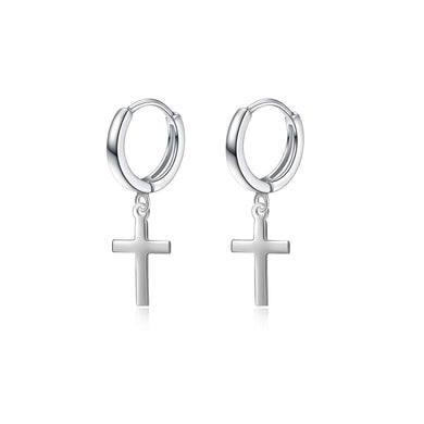 925 Sterling Silver Dainty Dangle Cross Hoop Earrings