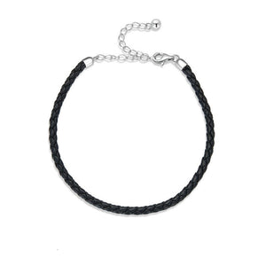 925 Sterling Silver Black Leather Adjustable Charm  Bracelet